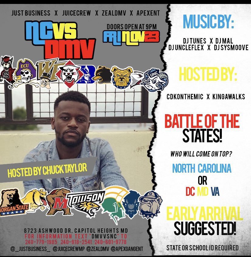 boss_manchris's tweet photo. Brought To You By @ApexGangEnt @juicecrewmp @FLEXXENT_ 

#DMVvsNC🔥

This Friday Doors Open at 9✅

EVERYONE 🆓 Until 9:20

Sounds By🎧 :  @DJTUNES_ , @_DJDON ,@_UncleFlex @DJJiggaJayy @Yeahimjusthim 

Hosted By🎤: @CDKonthemic  @Chuck___Taylor https://t.co/1M6jukWnNX