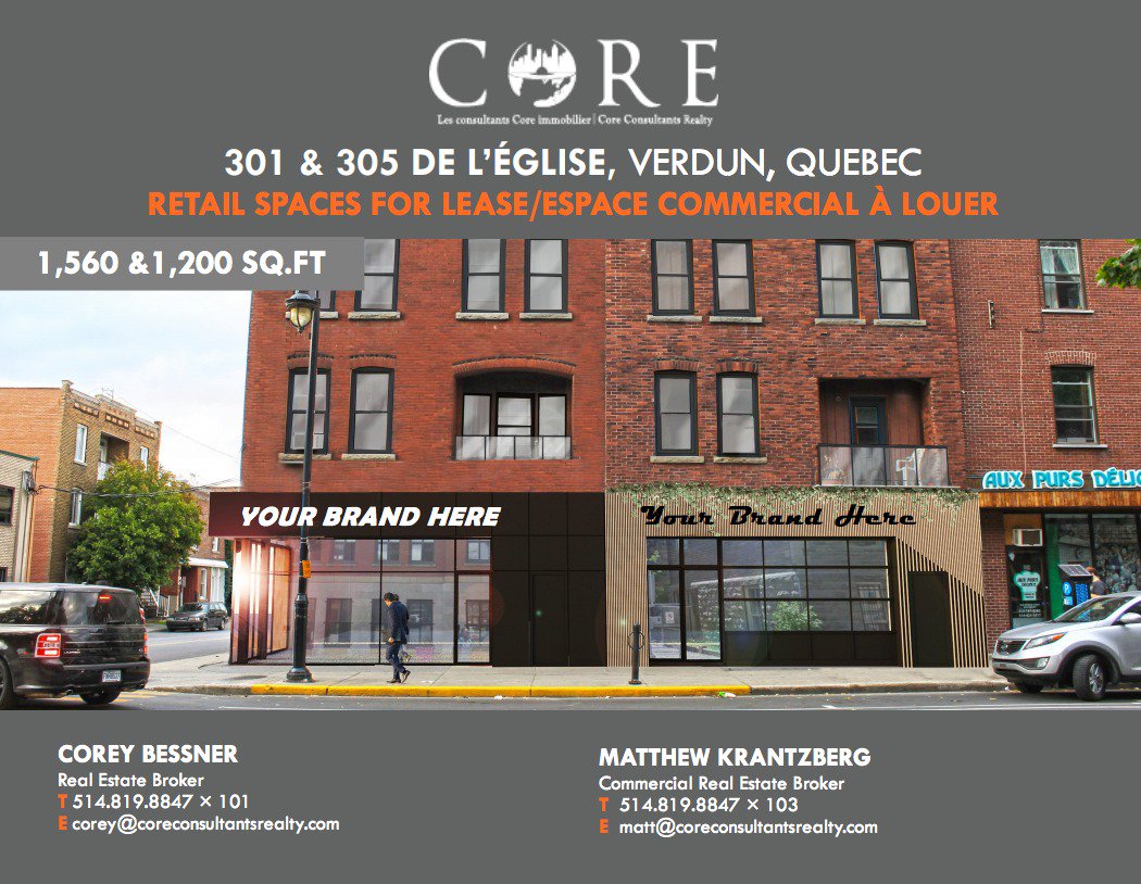 RETAIL SPACE IN VERDUN  | 301 &amp; 305 DE L’ÉGLISE, VERDUN, QUEBEC | 1,560 &amp; 1,200 approx. sq. ft.

#retailspace #forlease #commercialleasing #Verdun #CoreConsultantsRealty

amp.gs/gkOA