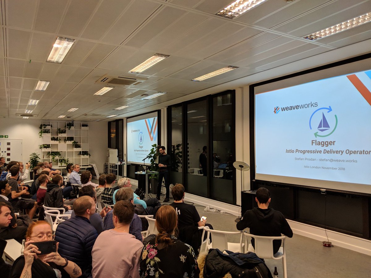 ServiceMeshLdn's tweet photo. First up is @stefanprodan from @weaveworks taking about Flagger: https://t.co/fEQVEUZ3WB
Progressive delivery canary deployments with @IstioMesh 
🐤🇮🇨🚩🏳️‍🌈⛳⛵📦 https://t.co/KHAxzCPG3w