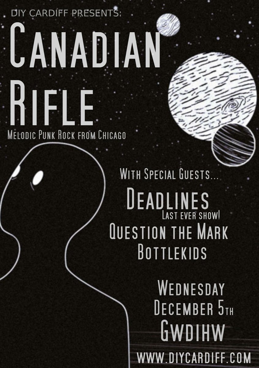 DIYCDF's tweet image. Two weeks to go! #CANADIANRIFLE @DeadlinesCC @questionthemark #bottlekidsuk at @GwdihwCafeBar - Weds 5th December, 7.30pm £5 entry. RSVP: facebook.com/events/7459240…

Please retweet, tell your friends, spread the word and forever support DIY.
XOXO