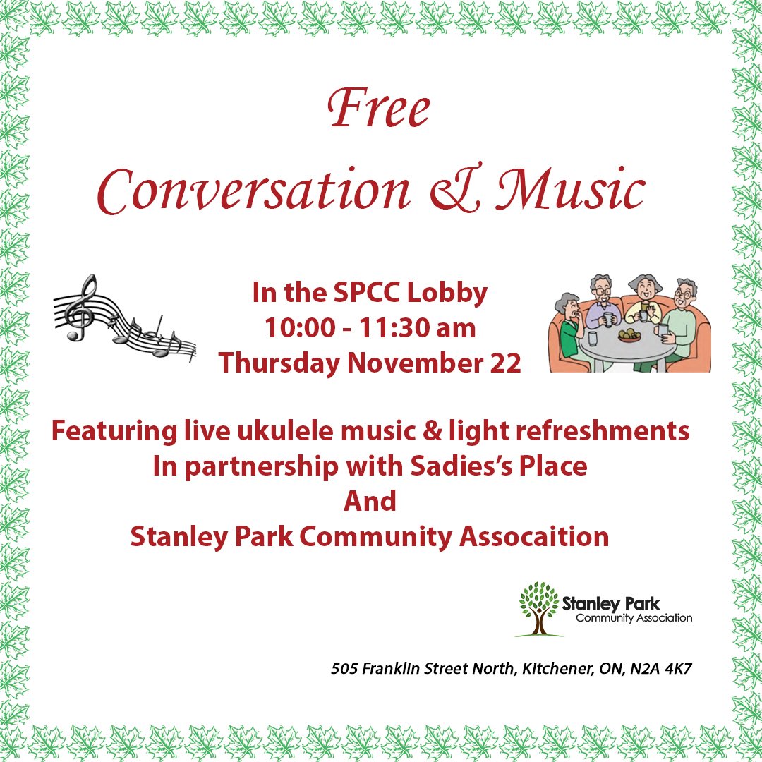 SPCAKitchener's tweet photo. Join us for a lively morning tomorrow!
#community #conversation #music #ukulele #family #fun #myhood #KWAwesome https://t.co/LQyJzK8axQ