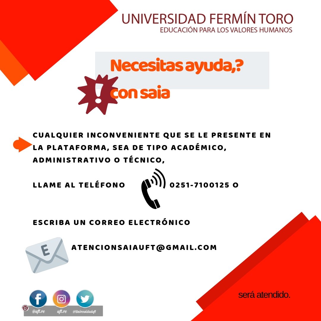 uft_ve's tweet photo. ¿Tienes Problema técnico, administrativo,académico?
#UFT #mundoSAIA #Pregrado #postgrado #21Nov https://t.co/MrMDbuW4L1