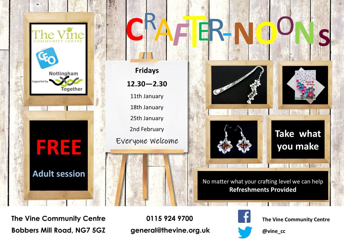 We have partnered with <a href="/Vine_CC/">The Vine CC</a>  to bring you #crafternoons huge thanks to <a href="/Nottm_Together/">Nottingham Together</a> for supporting it. <a href="/Rob_community/">Rob Bird</a> <a href="/arboretum_my/">My Arboretum</a> <a href="/my_hysongreen/">My Hyson Green</a>