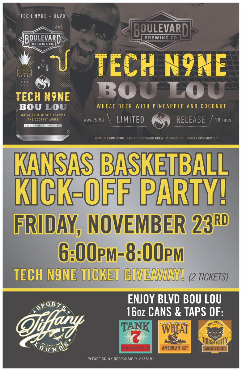 Tech N9ne &amp; Boulevards collaboration beer: Bou Lou - this Black Friday at Tiffs. Giving away 2 tickets to next weeks concert at The Myth. Join us for a great time and even better beers! <a href="/TechN9ne/">Tech N9ne</a> <a href="/Thurs_at_Tiffs/">Thursdays at Tiff's</a> #BouLou #IndependentGrindTour2018