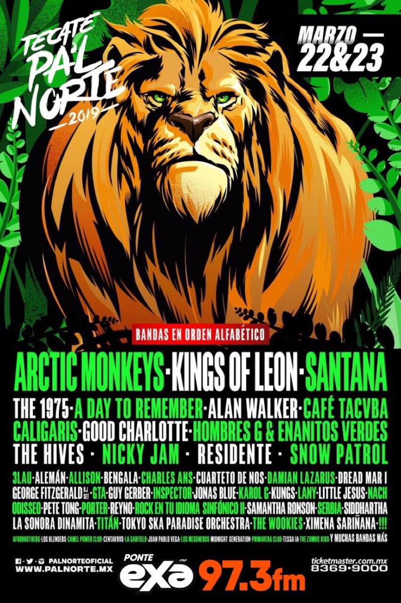 exafm973's tweet image. ¡GÁNALO AHORA! Participa para ganar boleto sencillo del @PalNorteOficial (Sábado) 🌿🦁🍃

Dile a 3 amigos que en @exafm973 tenemos boleto 🎟+ RT + HT #ExaPalNorte2019 😏⚡️
**TWITTEA CUENTO QUIERAS**

Venta de boletos 30 NOV 11AM por @Ticketmaster_Me