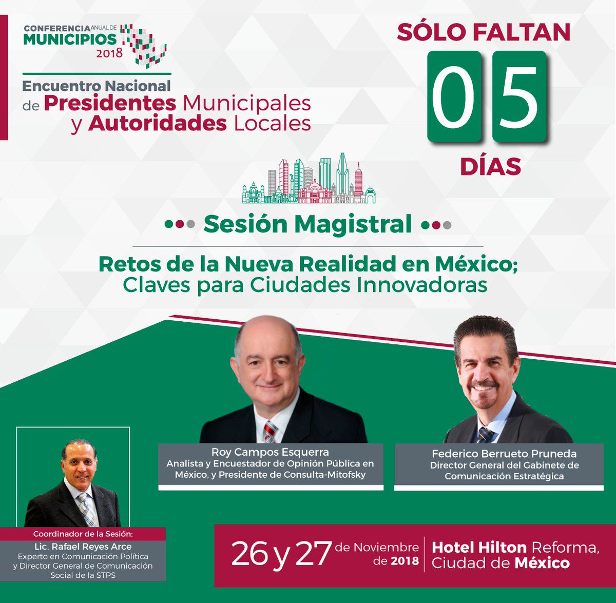 Sesión Magistral de <a href="/RoyCampos/">Roy Campos</a> y Federico Berrueto, nos compartirán su visión de México y su nueva realidad ¡Te esperamos!
¡Faltan 5 días!
26-27 noviembre
Hilton Reforma, CDMX
📍bit.ly/2DCQ1gs
Registro: conferenciademunicipios.mx 
#CAM2018 #LosMunicipiosHacemosFuerteAMéxico