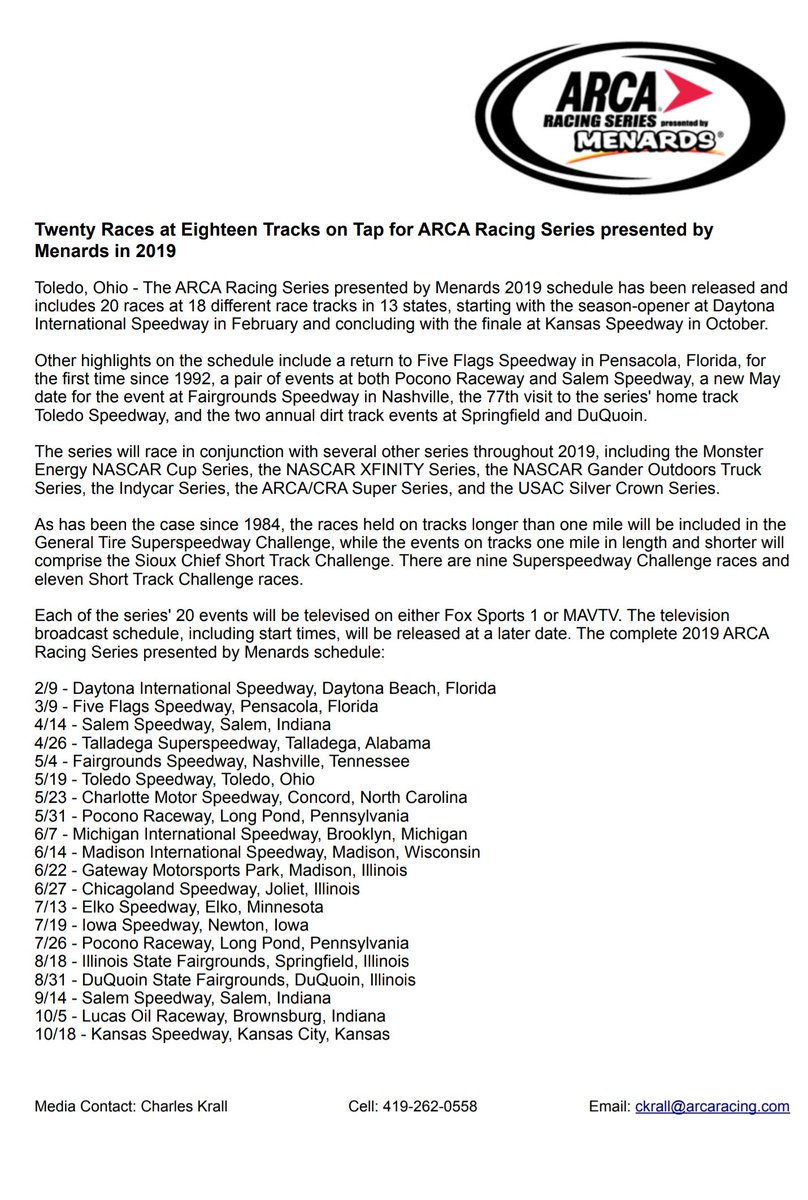 BREAKING NEWS: <a href="/ARCA_Racing/">ARCA Menards Series</a> has released the 2019 schedule in it's entirety. #TrophyHunting