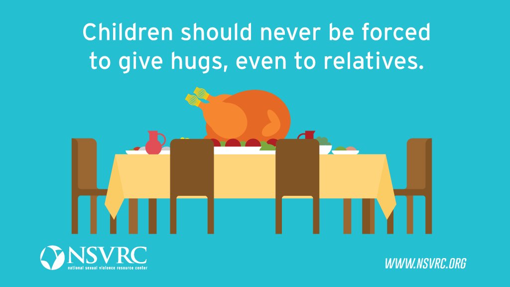 NSVRC's tweet photo. Children should never be forced to show physical affection, even to relatives or family friends. 
Consider saying: “Some people in our family give hugs and kisses to show their love, but you can show your love in other ways if you want to, like a smile or kind words.” https://t.co/fQBPOAdXf7