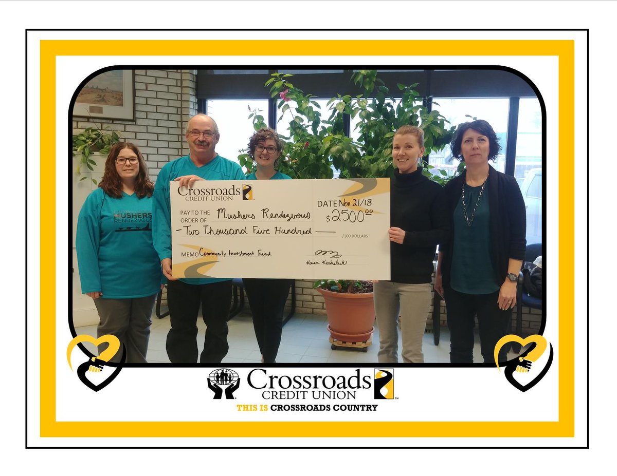 CrossroadsCU's tweet photo. Today, a cheque in the amount of $2,500 was presented to the Preeceville &amp; District Mushers Rendezvous, on behalf of the Crossroads Community Investment Fund! Funds will be used to install a ceiling lift for the Preeceville &amp; District Health Centre! https://t.co/xuyFZE4sHf