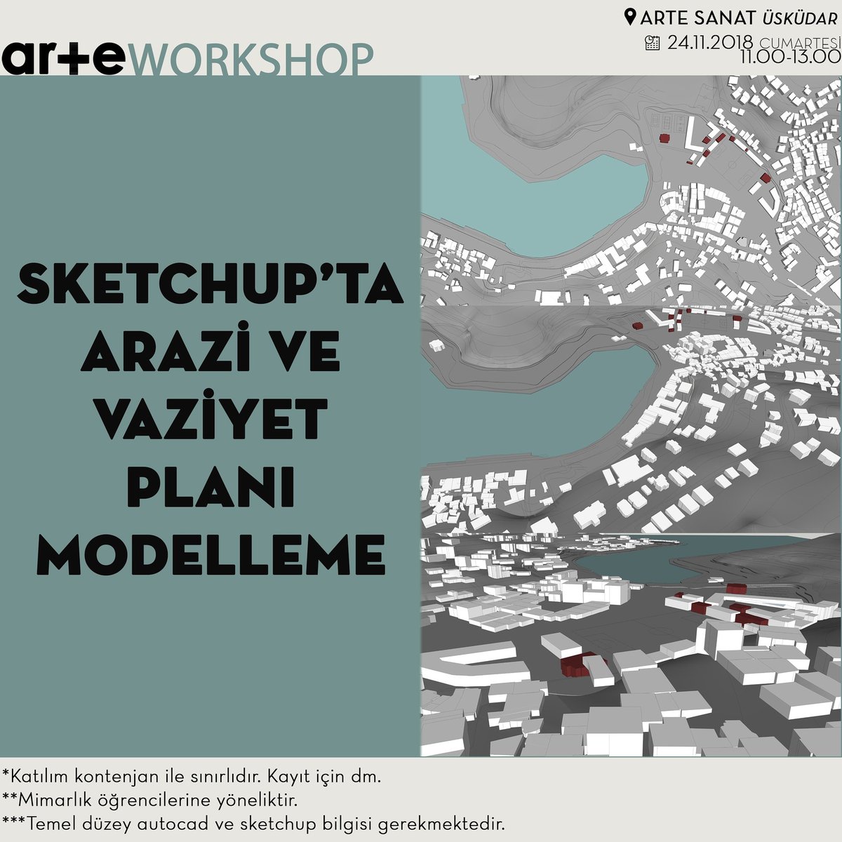 SanatArte's tweet photo. ARTE WORKSHOP - SKETCHUP'TA ARAZİ MODELLEME

Bu workshopta halihazır autocad dosyası ile pratik bir şekilde sketchup üzerinden arazi ve vaziyet planı oluşturulması uygulamalı bir şekilde yapılacaktır.

Katılım kontenjan ile sınırlıdır. Önkayıt için lütfen mesaj atınız. https://t.co/dWkxhN4jfy