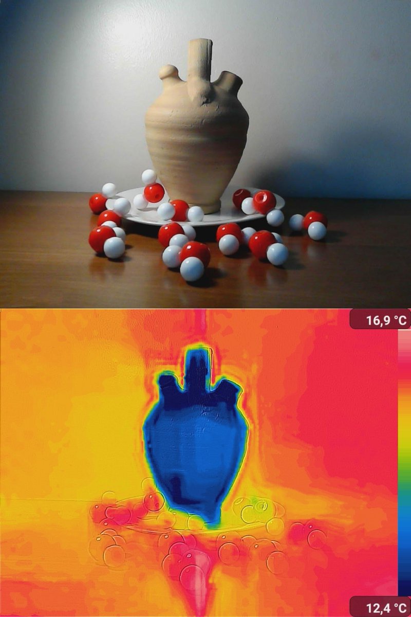 jbermudezgarcia's tweet photo. #CERICpicturecontest Participating in a science photo contest with eco-friendly refrigeration pictures. Check the thermal image of a traditional Spanish "botijo", a ceramic pot to auto-refrigerate drinking water. https://t.co/wnCGVWWkYW