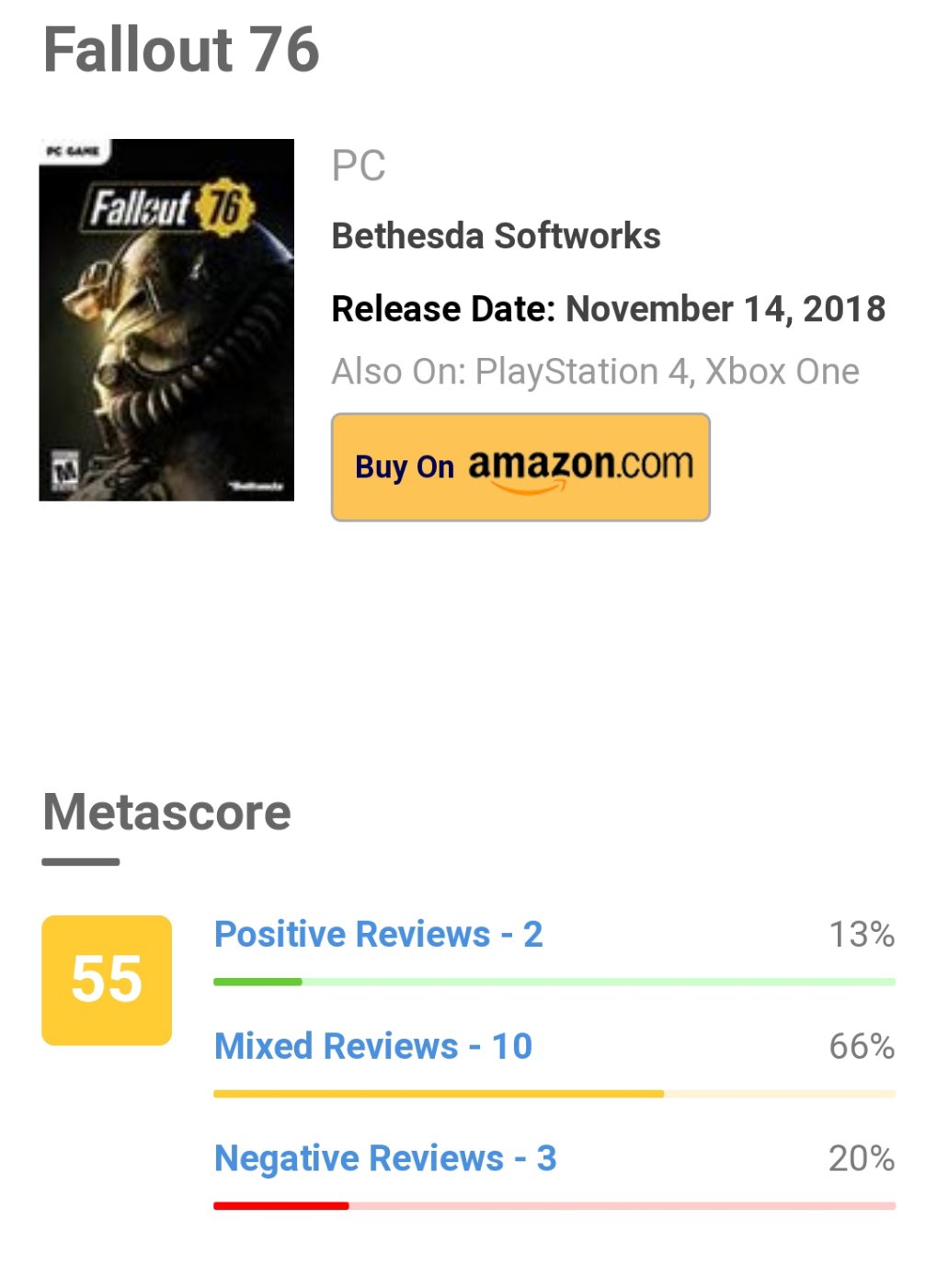 screwy.bsky.social on X: "The highest rated version of Fallout 76 has  beaten out Brotherhood of Steel as the lowest ranking game in the series on  Metacritic. Yikes. https://t.co/HKHs8tSTCJ" / X
