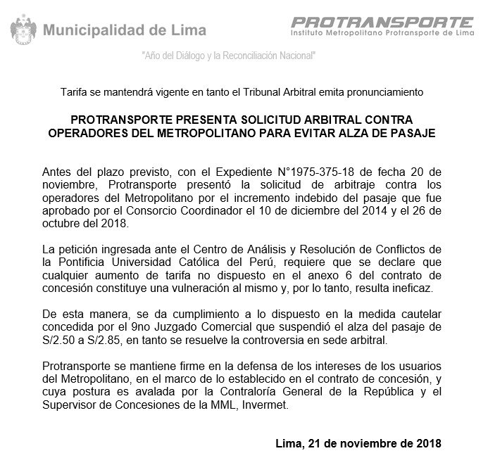 MuniLima's tweet photo. #MMLInforma: @ProtransportePT presenta solicitud arbitral contra operadores del @MetropolitanoPT para evitar alza de pasaje. ➝ https://t.co/snxwybdvHp https://t.co/eV8NDThzio
