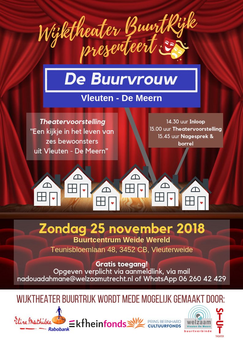 Wijktheater BuurtRijk presenteert voorstelling 'De Buurvrouw'. Een voorstelling dat een kijkje in het leven geeft van zes wijkbewoonsters! Te zien in de Weide Wereld. Toegang gratis, opgeven verplicht: ow.ly/5lbM30muN2v #diversiteit #thuisvoeleninjebuurt #vleuten #demeern