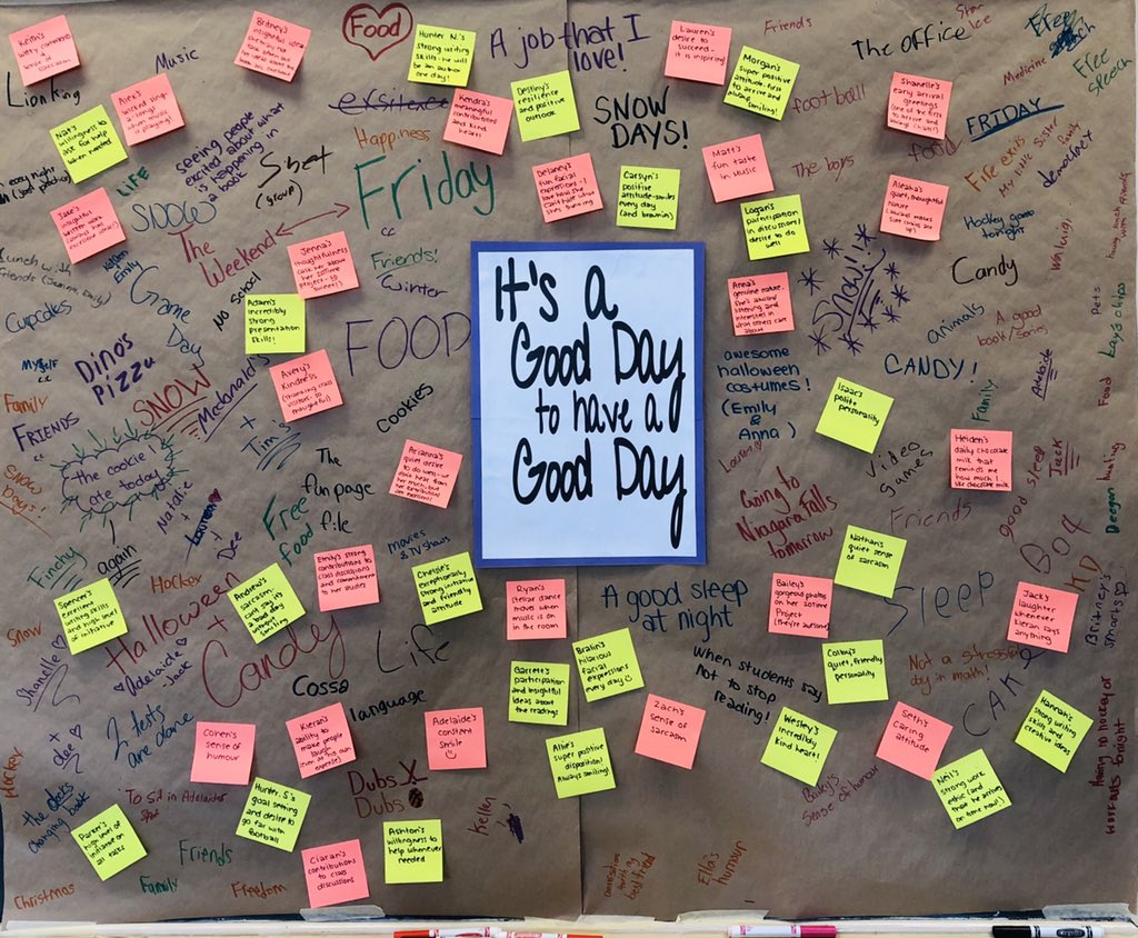 missaclarke's tweet photo. It is so important to find the good in each day. We are doing a #21DayGratitudeChallenge in my classes & it’s exciting to see my students go right to the wall to add whatever has made them happy that day. #thisismywhy #grateful #sayonenicething @CHSS1 @SayDoNiceThings https://t.co/2zNTcgFZVI
