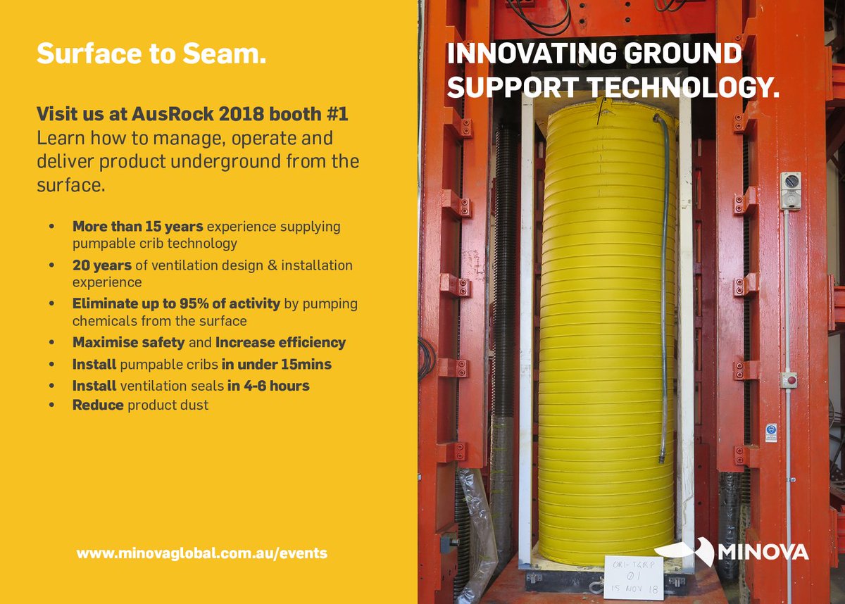 minovaglobal's tweet photo. Join us at @Ausimm #AusRock2018 28-30 November at UNSW Sydney.
Learn about our Surface to Seam Solutions for #PumpableCribs, #VentilationSeals, our CIMA system and #InjectionChemicals from the surface.
#innovation #minova #groundsupport
Find out more: https://t.co/avoaZUXBzS https://t.co/yT3JCRGzsZ