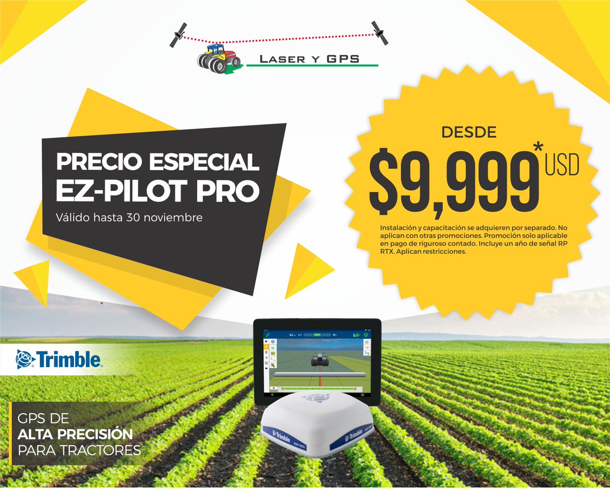 laserygps's tweet photo. Laser y GPS extiende esta increíble oferta para tí!!
* Válida hasta el 30 de Noviembre del 2018.
* Aplica restricciones.
Para más información comuníquese con su distribuidor local.
#LaseryGPS #AgriculturadePrecisión #EzPilotPro https://t.co/xdoqGiLpgf
