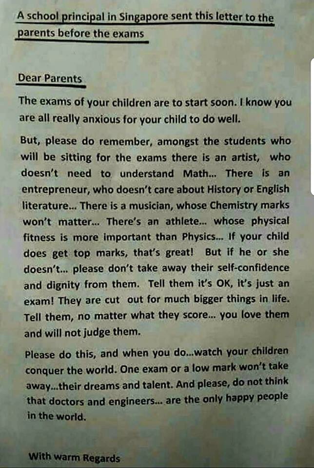 hankrsmith's tweet photo. A school principal in Singapore sent this letter to parents before the exams: https://t.co/bKvYV2q05F