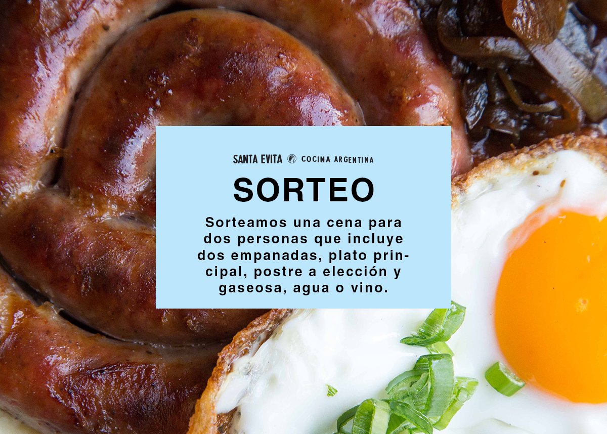 elsantaevita's tweet photo. ¡El Santa Evita sortea una cena para dos personas!

Para participar, SEGUÍ a @elsantaevita y dale RT a este twit.

La cena incluye dos empanadas por persona, plato principal y postre a elección, y una gaseosa/agua para cada uno o un vino para los dos. https://t.co/hbf4MbWCxX
