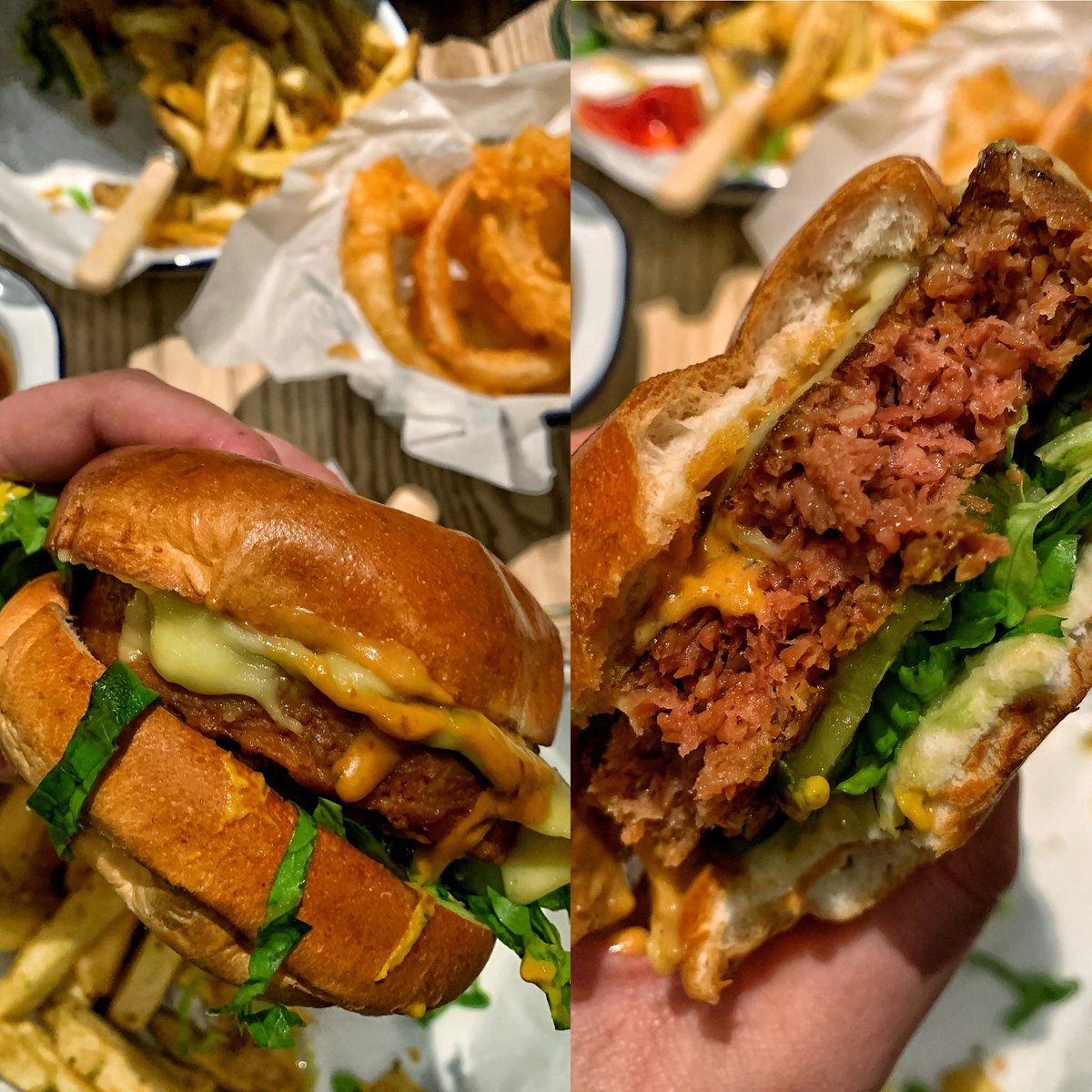 Went to <a href="/honestburgers/">Honest Burgers</a> tonight to try the new <a href="/BeyondMeat/">Beyond Meat</a> Plant Burger🌱I know right, don’t fall off your chair. Was genuinely intrigued &amp; it is seriously very impressive. The look&amp; texture felt like meat &amp; the vegan cheese was tasty. A great option for Vegans or a lighter bite.
