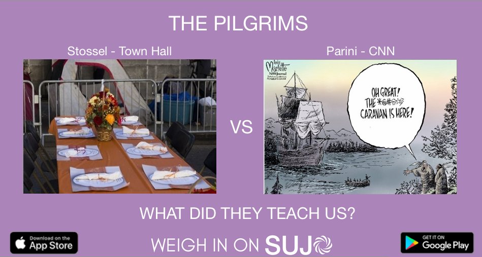 sujohome's tweet photo. What did the #Pilgrims teach us? Stossel for Townhall is thankful they taught us about property rights and the value of capitalism. Parini makes comparisons to the #migrantcaravan. Weigh in anonymously on what the holiday means. Happy #Thanksgiving! https://t.co/ao8Z3vjUVZ https://t.co/2GzvkNaQoH