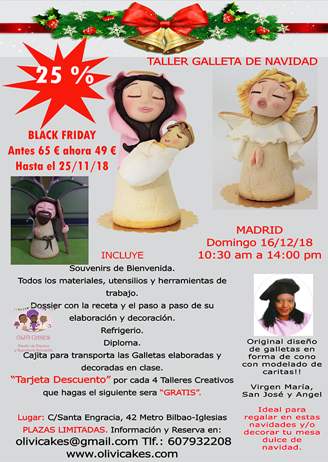 olivicakes1's tweet photo. 🍦🍭OFERTA BLACK FRIDAY 🍡 25% de Descuento este taller de decoración y elaboración de Galletas de Navidad - Original diseño de galleta en forma de cono recreando a la Virgen María, Niño Jesús, San José y Angel. Antes 65 € ahora 49 €. https://t.co/TT2s9ivo0y