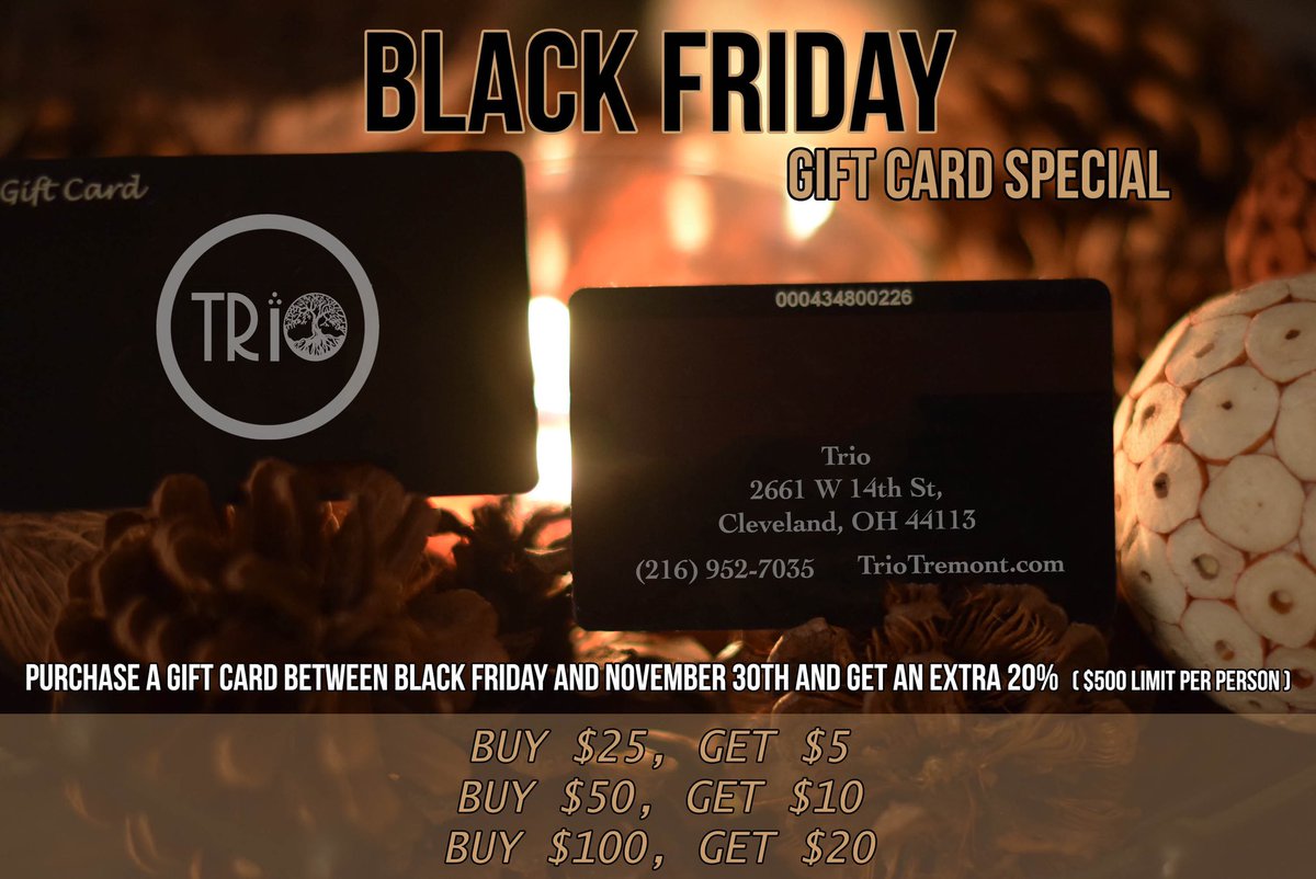 TrioTremont's tweet photo. ⚫️ STARTING BLACK FRIDAY⚫️ Purchase a Trio gift card between Black Friday and November 30th and get an extra 20% - $500 limit per person #TrioTremont https://t.co/w8M0s0oEK2