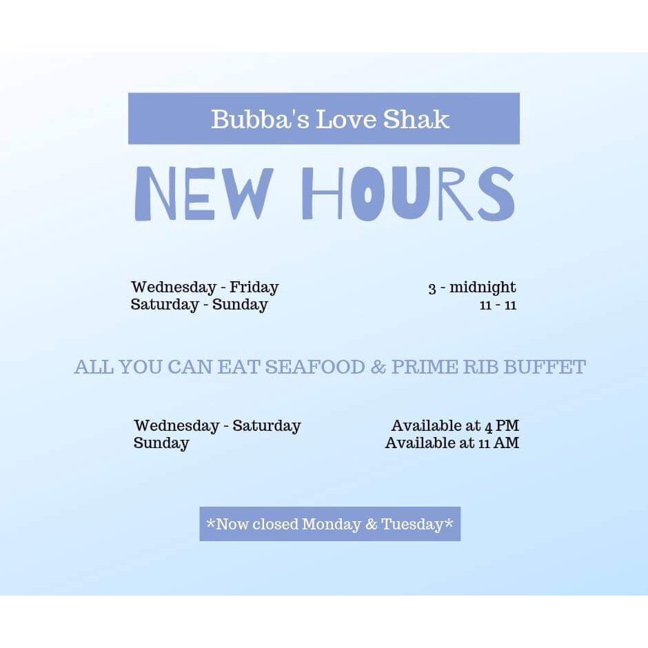 We are officially closed on Mondays and Tuesdays - check out our hours here. #bubbasloveshak #marshwalk #marshwalkmi #marshwalkmurrellsinlet #murrellsinlet #murrellsinletmarshwalk #murrellsinletsc #murrellsinletseafood #murrelsinletseafoodisthebest