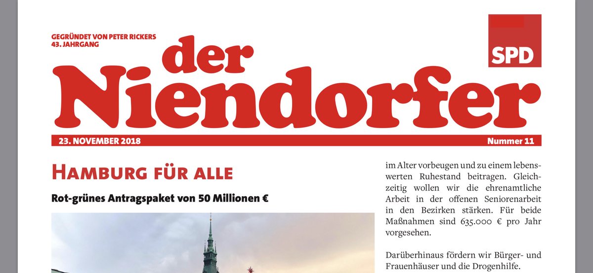 sinitiativeDE's tweet photo. Der 11er Niendorfer für November 2018. Heute erschienen. Mit Infos was sich im #Haushalt #Hamburg alles ändert. #SPD https://t.co/mc4AYLzL9y
—
#Ortsverein|s|#zeitung|en sind gerade heute ein #Mittel politischer #Macht. https://t.co/xNuZw7zPME