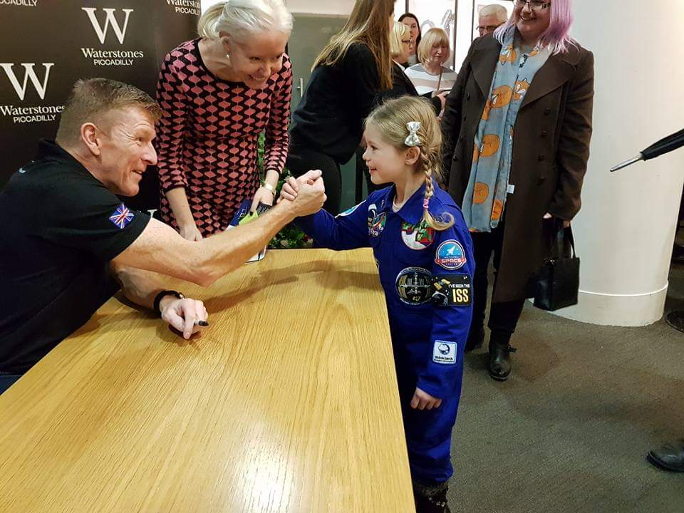 Someone is very excited to be meeting her hero and inspiration again on Saturday.
Fortunately, her flight suit still fits! I wonder if <a href="/astro_timpeake/">Tim Peake</a> will recognise her?
