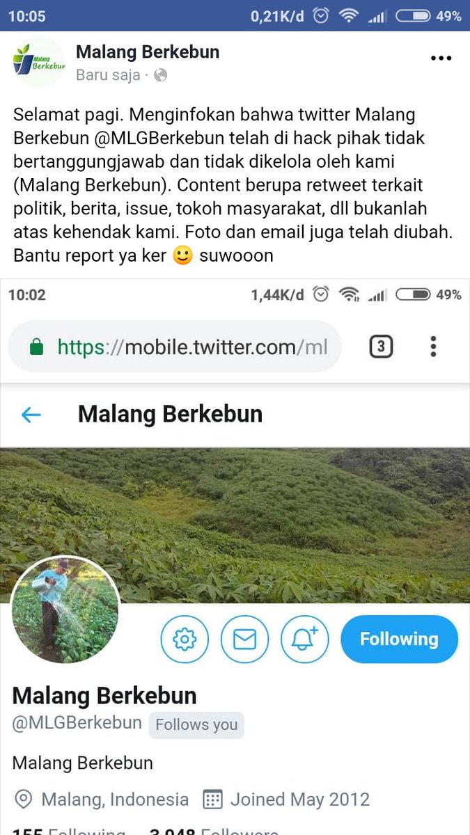 <a href="/infomalang/">Info Malang</a> halo min, perkenalkan aku salah satu founder Malber, ingin menginfokan bahwa akun MLGBerkebun telah lama di hack oleh pihak tidak bertanggungjawab. Email dan foto telah berubah, konten tweet pun juga bukan dari kami, bantu report ya ker. Suwooon