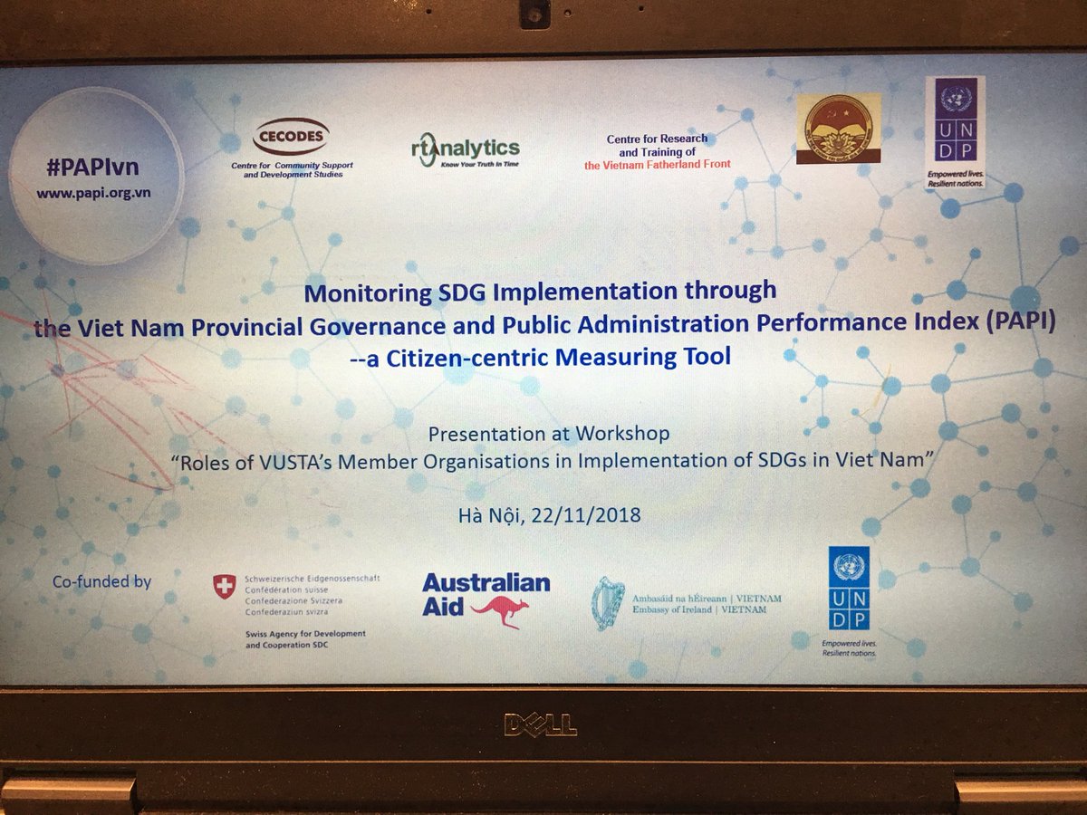 PAPI_Vietnam's tweet photo. #PAPIvn presented at #VUSTA’s workshop on roles of non-state orgs in implementation of #SDGs. For #PAPIvn, #VUSTA mems play critical roles in full policy cycle, esp. in policy monitoring. It’s trendy though that more NGOs work on #SDG13 than say #SDG16. Funding inflows matter? https://t.co/3TiSdRrgsz