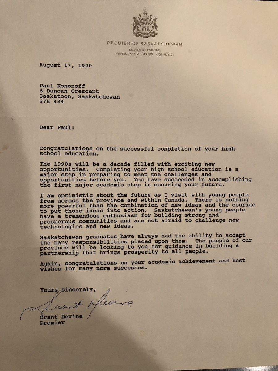 rumen8er's tweet photo. Sifted out of the archives from 1990 a letter to me from SK Premier G Devine who stated that, “SK’s young people ... are not afraid to challenge new technologies and new ideas.” #SASK #SK #premier #ideas #technology #highschool #saskpremier https://t.co/5Hj3d79AEb