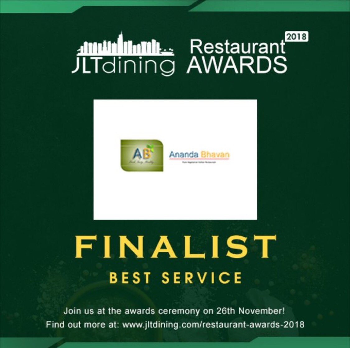 uaeanandabhavan's tweet photo. We are happy to announce that we are shortlisted in the following 2 categories in #JLTRestaurantAwards2018 to be revealed on 26 Nov 2018

#JLTDining
#JLTResidents

We would like to thank all our customers and friends who voted for us https://t.co/fhRzkxWN98