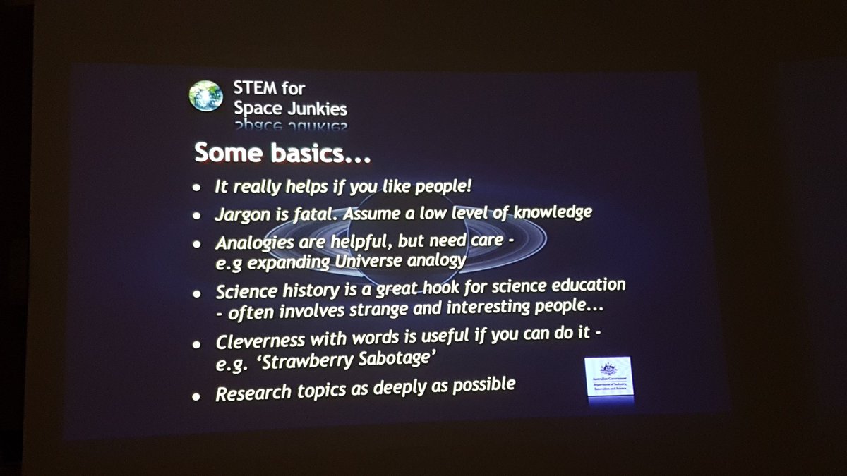 barretmj's tweet photo. As a non-professional educator, here are #FredWatson tips for engaging outreach ... #stemined2018 @qut keynote #STEM for Space Junkies ... for next training session @QUTExtremeVan https://t.co/WpkXhGdUfM