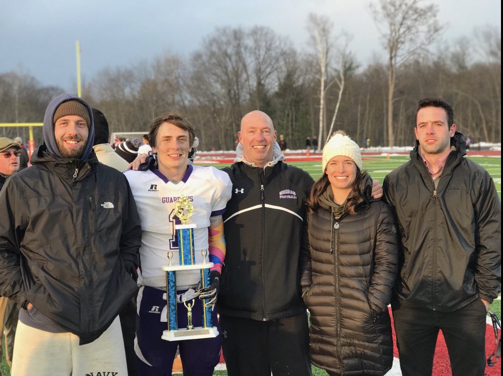 SPMinfo's tweet photo. Congratulations to Owen Leary: 2018 Winner of the Hazelhurst Award. Photographed here with his some alumni members of his family. Seamus 2016, Owen 2019, Deirdre 2009, Patrick 2015. 32 Varsity Letters. 9x captains. There has been a Leary at the Thanksgiving classic since 2003 https://t.co/cpeWG6IPcc