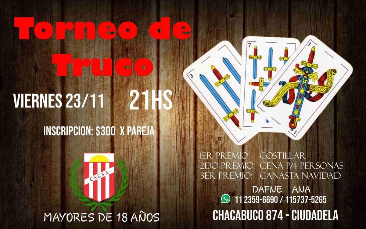 SolDeAmerica9's tweet photo. Veni en viernes 23/11 21hs al club a pasar una noche diferente. Campeonato de truco para mayores de 18. Buenos premios,buffet y le das una mano a los chicos del baby para que tengan su regalo de fin de año https://t.co/DfiWAFvnFF