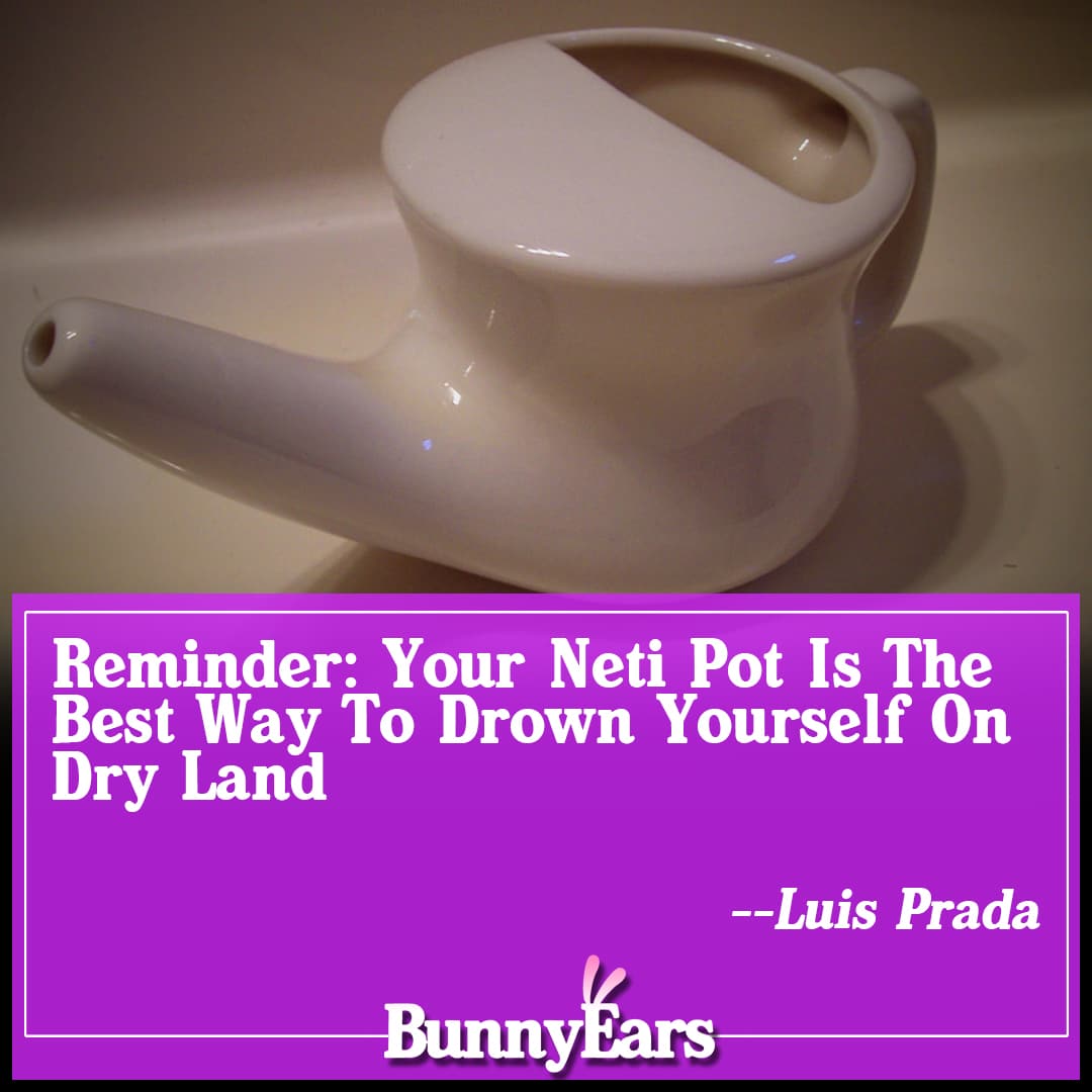 BunnyEarsWeb's tweet photo. Reminder: Your Neti Pot Is The Best Way To Drown Yourself On Dry Land -- Via @Luis_Prada #drown #NetiPot #VimAndVigor https://t.co/JXVk91Z54n https://t.co/ucaDdz2cc4