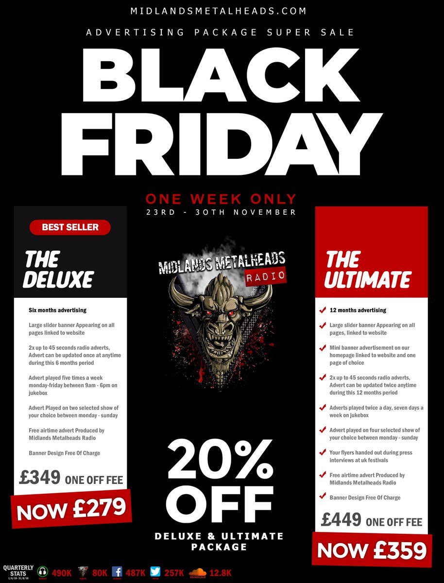#BlackFriday 20% OFF | Advertise With Us From As Little As £359 For 12 Months

Reach out to thousands of listeners across our airwaves, podcasts and the @Mid_Metalheads Radio Network 23rd November - 30th November 

midlandsmetalheads.com/advertising/