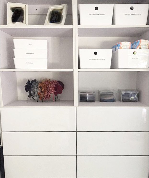 Accessories, storage and pictures, Oh My! 🌺 Our TOS Closets make the perfect shelves for styling 😍 📸: @organizingbyshira #NeutralNursery #StylingShelves #CustomClosets #TOSClosets