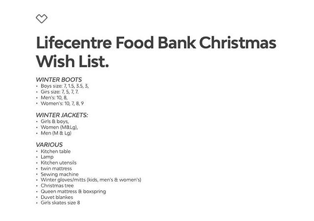 What do you want for Christmas? Some of my friends at the Lifecentre Food Bank gave me some items on their list. If you have any items new or gently used that are on the list, let me know! Together we can make Christmas a little better for some awesome p… ift.tt/2FArfPQ