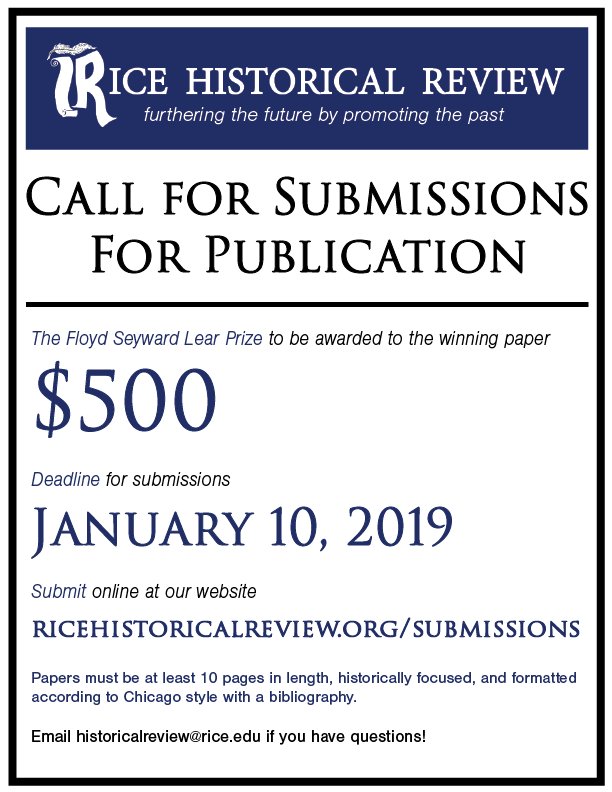 We are accepting submissions for the 2019 journal! For additional details about submitting a paper, see ricehistoricalreview.org/submissions/