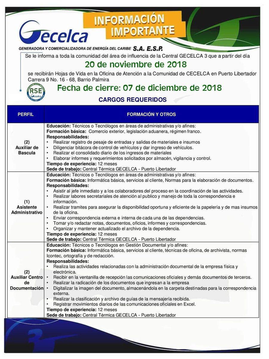 CfmaEgresados's tweet photo. Egresados Cfma participa en la convocatoria laboral abierta de la empresa  Genelca  en el municipio de Puerto Libertador, no pierdas esta oportunidad. https://t.co/ryylJYYSt7