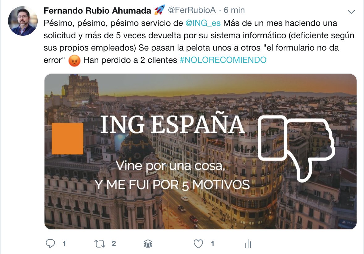 Bye Bye 🖖🏻 <a href="/ING_es/">ING España</a> 2 semanas más sin solución. Sólo mensajes automatizados que no responden ni solucionan. Formularios que funcionan mal (¿a propósito?) Vuestra atención es como para escribir un post en mi blog de Marketing: "Cómo perder clientes por la mala atención on y offline