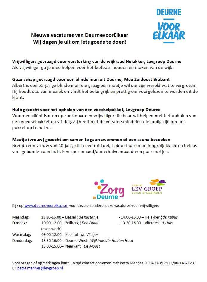 Deurnevoorelk's tweet photo. Weer volop leuke vrijwilligersvacatures. Kijk ook op https://t.co/SmLEPbLw4f https://t.co/QatmygXNDi