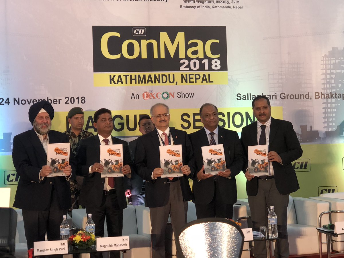 MaheshNairM's tweet photo. Infrastructure opportunities in Nepal- A Feedback report, Launched by the Hon’ble Minister Physical Infrastructure, Nepal, Mr. Raghubir Mahaseth at ConMac 2018, Kathmandu #infrastructure , #constructionequipment, #Conmac2018 , @CIIEvents , @moulivasan , @devarcot , @Khanapur https://t.co/lXoHUP0wcN