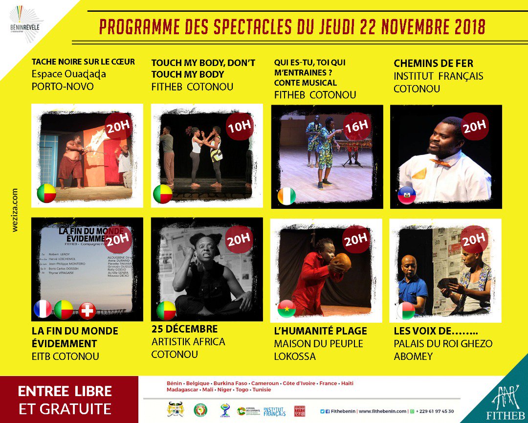 La programmation du 22 Novembre 2018
#Culture #Wasexo #Afrique #DigitalBenin #Benin, #FITHEB2018 #team229, #fitheb
<a href="/ACTU_BENIN_INFO/">ACTU BENIN INFOS</a> <a href="/koboudeleon/">Léon Anjorin KOBOUDE</a> <a href="/gouvbenin/">Gouvernement du Bénin 🇧🇯</a> <a href="/PresidenceBenin/">Présidence du Bénin</a> <a href="/ab_benin/">Blogueurs du Bénin</a>