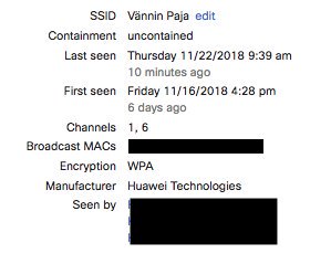 Töölön sairaalan läheisyydessä metelöi 390 eri wifi verkkoa. Radioanalyysin keskellä osui tämmöinen 😀 ping @akivanni #digitaalinenJälki #vanninpaja