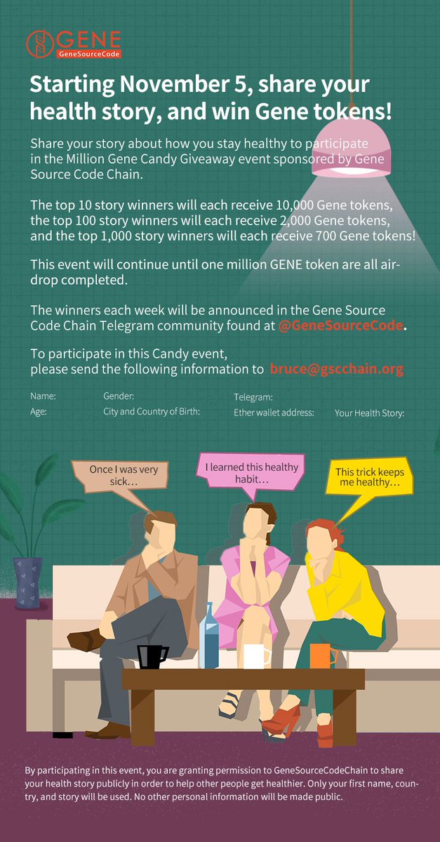 gsc_chain's tweet photo. Complete the tasks to split 100,000 GENE:
1. Follow  @gsc_chain
2. Retweet this tweet and Comment with your ETH Address and advice for this event about share health story
Valuable ideas will have more opportunities to get rewards.
#GENE #airdrop #rewards #health #story #ETH https://t.co/php7sYvze7
