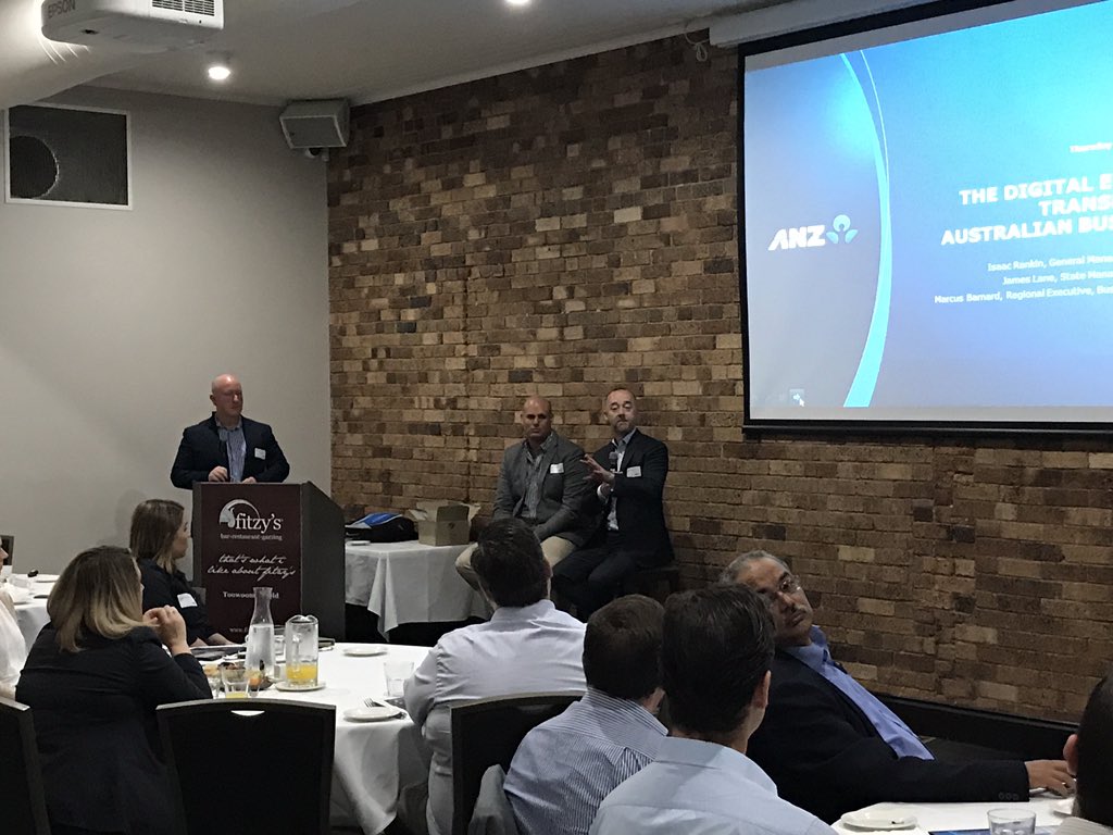 KrugerSue's tweet photo. A great way to start the day, listening to @isaac_rankin, @JameslaneANZ and @barnard_marcus talk about The Digital Economy in Toowoomba - a great turnout! @karinasmith001 @LOcchietti @brendantong1 @RixJennifer @BrettBurness1 https://t.co/Sho8VNLjmK